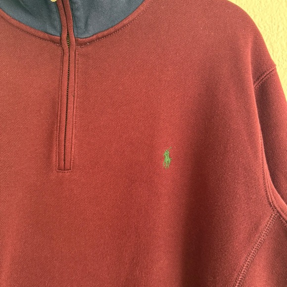 Vintage Ralph Lauren Polo Quarter Zip Mens Large Fleece Burgundy Navy Green Pony - Picture 2 of 9